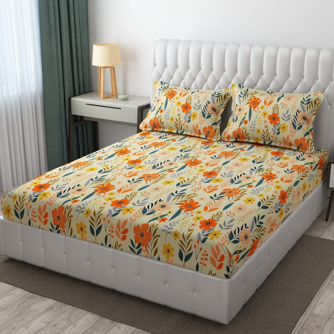 Cotton Elastic Fitted Bedsheet - Fits with any Beds & Mattresses Great Happy IN Orange Blossom DOUBLE BED 