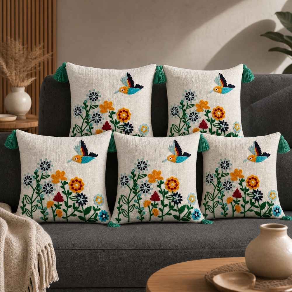 Parrot Ivory Artisan Embroidered Cushion Covers 16 × 16