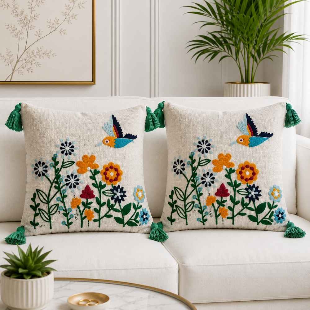 Parrot Ivory Artisan Embroidered Cushion Covers 16 × 16