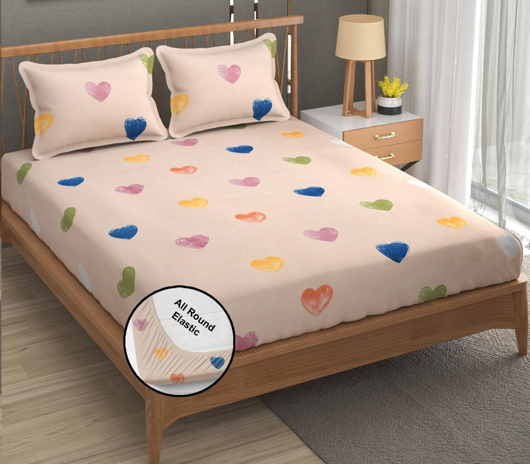 Cotton Elastic Fitted Bedsheet - Fits with any Beds & Mattresses Great Happy IN Peach Hearts KING SIZE 
