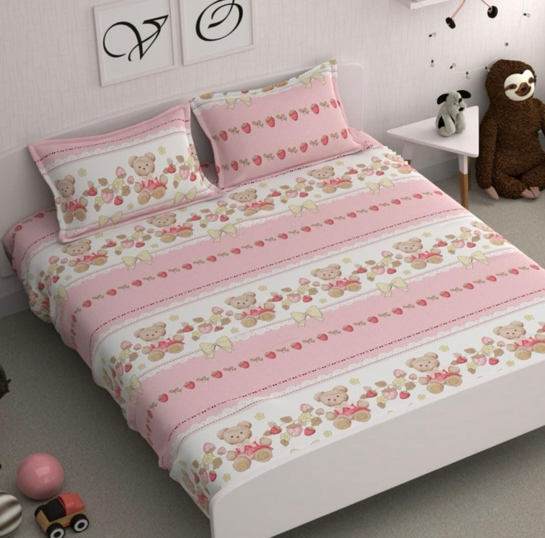 Cotton Elastic Fitted Bedsheet - Fits with any Beds & Mattresses Great Happy IN Pink Bear Paradise KING SIZE 