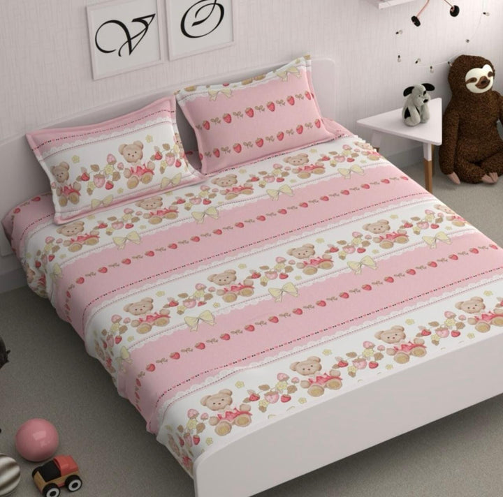Cotton Elastic Fitted Bedsheet - Fits with any Beds & Mattresses Great Happy IN Pink Bear Paradise KING SIZE 