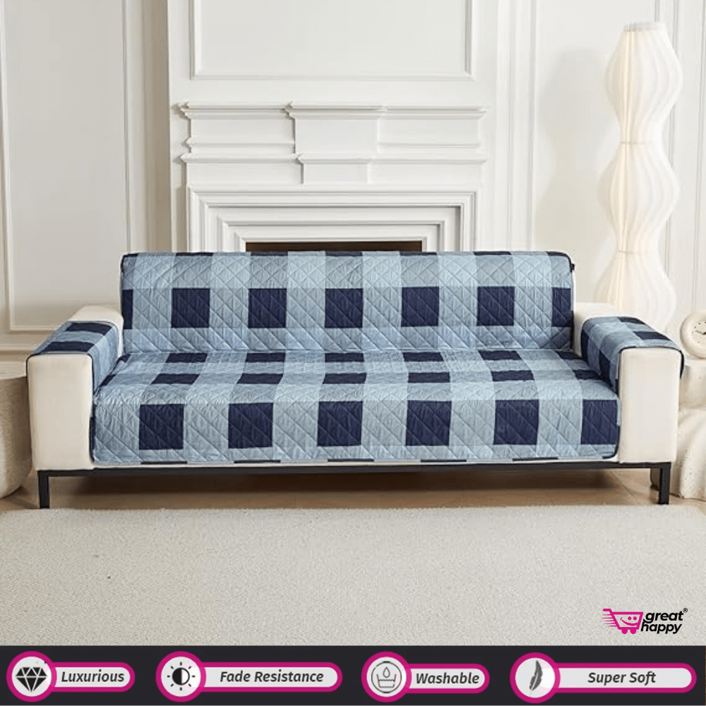 Quilted Sofa Cover Great Happy IN Check Blue 1 Seater 