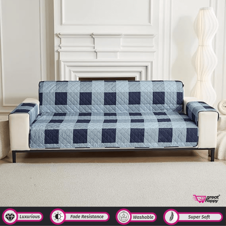Quilted Sofa Cover Great Happy IN Check Blue 1 Seater 
