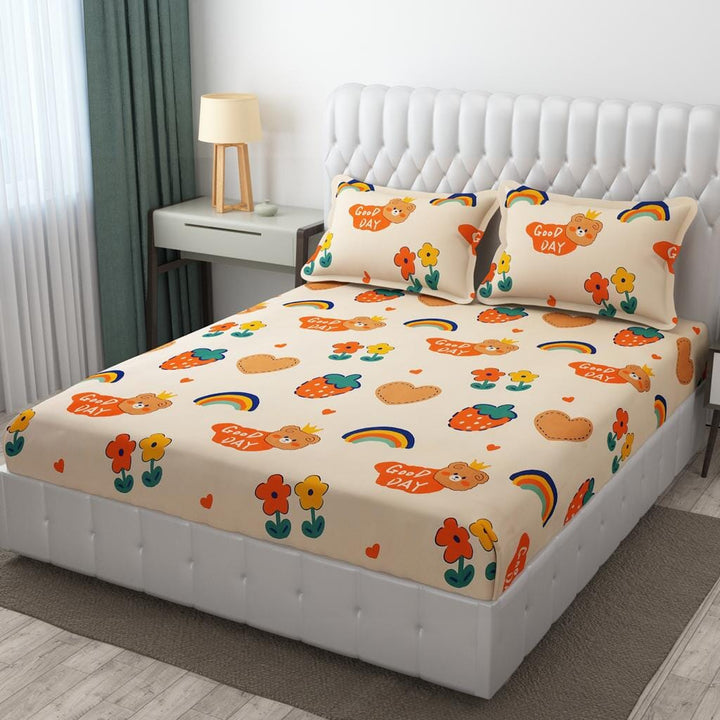 Cotton Elastic Fitted Bedsheet - Fits with any Beds & Mattresses Great Happy IN Rainbow Smile DOUBLE BED 