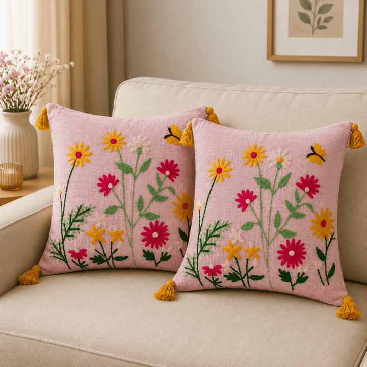 Rose Meadow Jute Cotton Sofa Cover jute sofa cover Great Happy IN Matching Cushion Cover - 2 PCS 