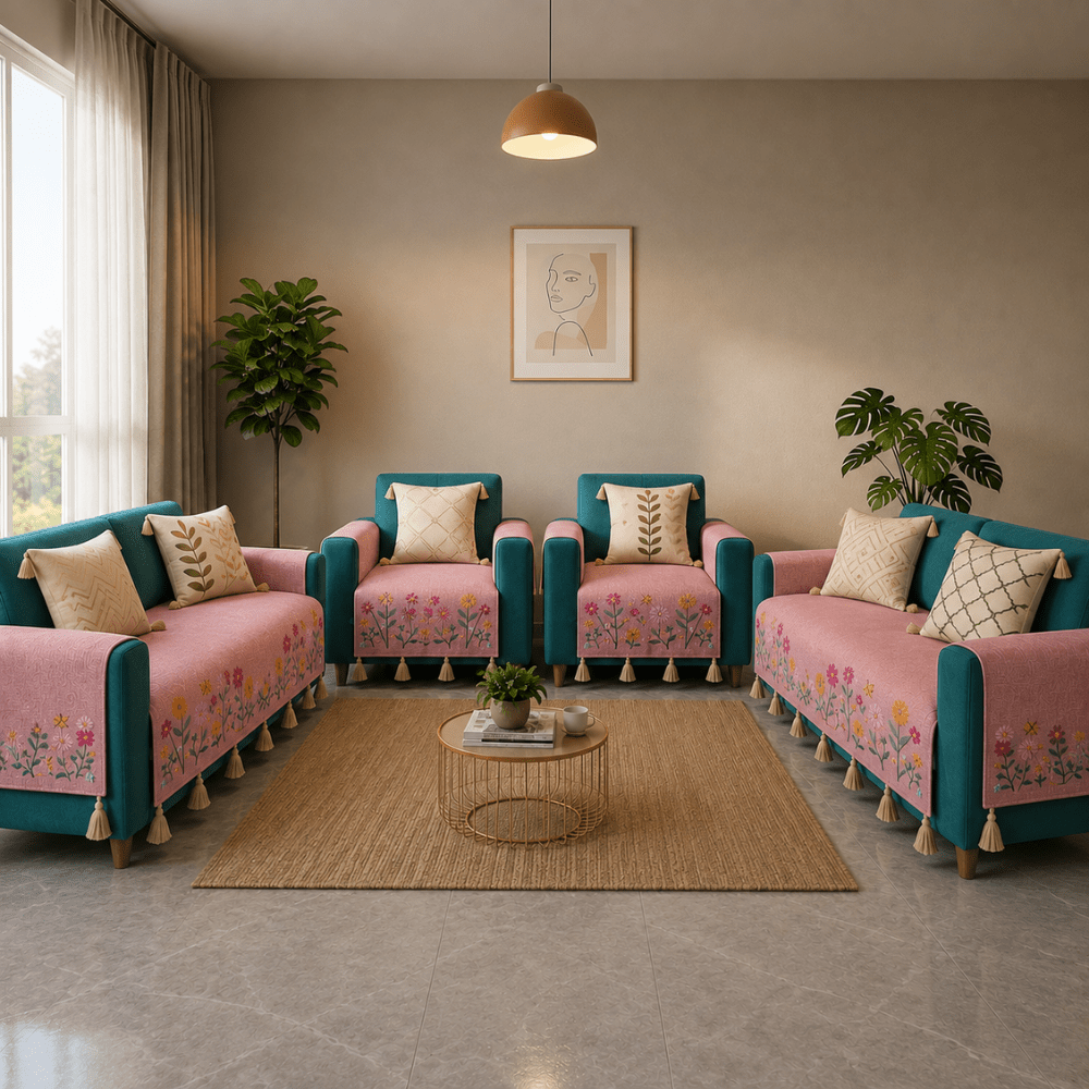 Jute Cotton Sofa Cover jute sofa cover Great Happy IN Rose Meadow 2+1+1+2 Seater 