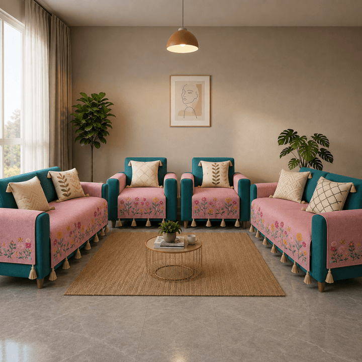 Jute Cotton Sofa Cover jute sofa cover Great Happy IN Rose Meadow 2+1+1+2 Seater 