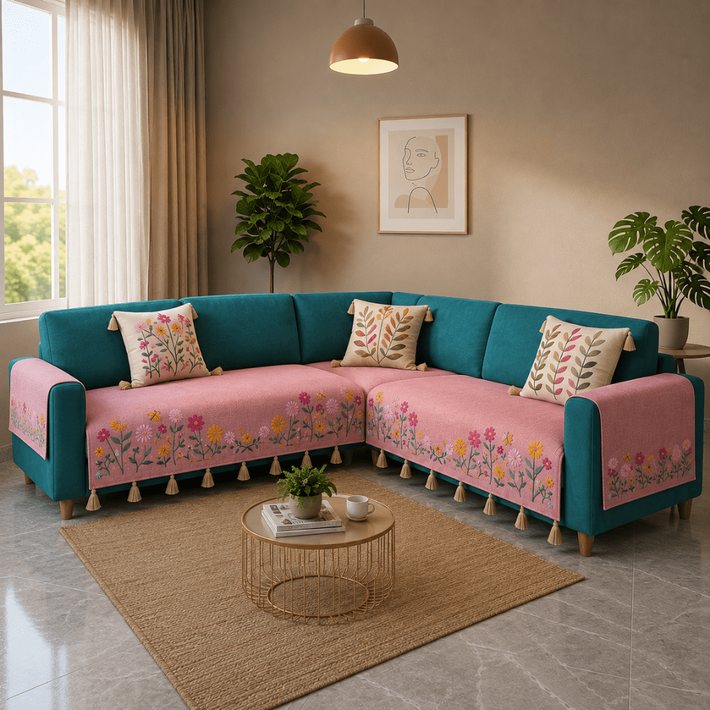 Jute Cotton Sofa Cover jute sofa cover Great Happy IN Rose Meadow 2+2(L SHAPE) 