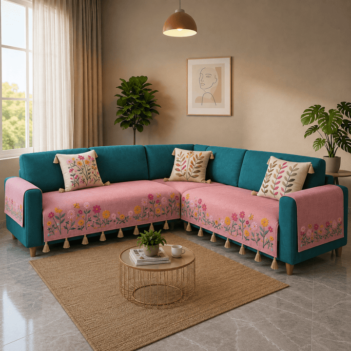 Jute Cotton Sofa Cover jute sofa cover Great Happy IN Rose Meadow 2+2(L SHAPE) 