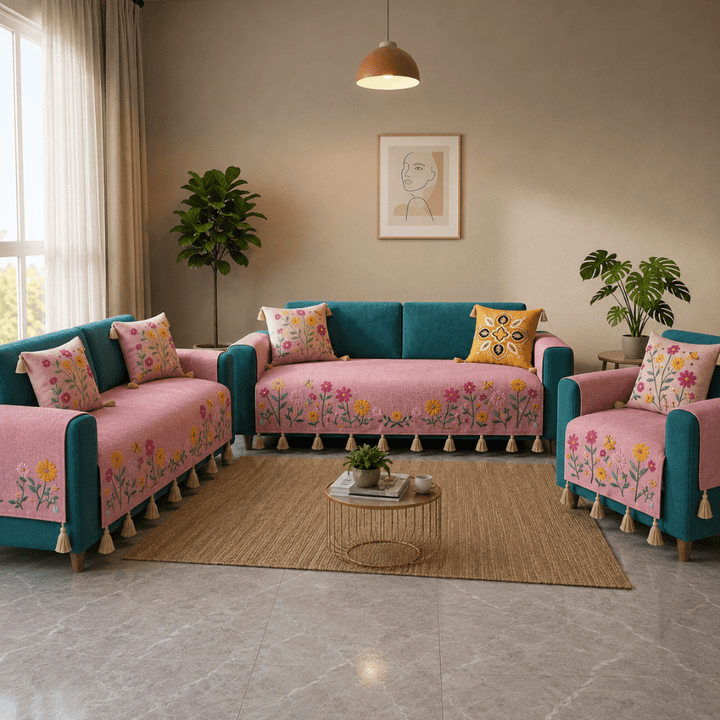 Jute Cotton Sofa Cover jute sofa cover Great Happy IN Rose Meadow 3+2+1 Seater 
