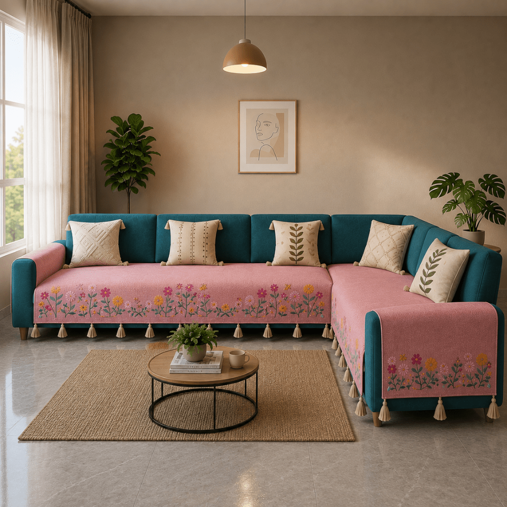 Jute Cotton Sofa Cover jute sofa cover Great Happy IN Rose Meadow 3+2(L SHAPE) 