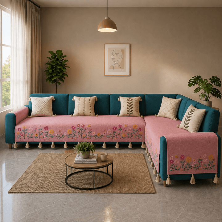 Jute Cotton Sofa Cover jute sofa cover Great Happy IN Rose Meadow 3+2(L SHAPE) 