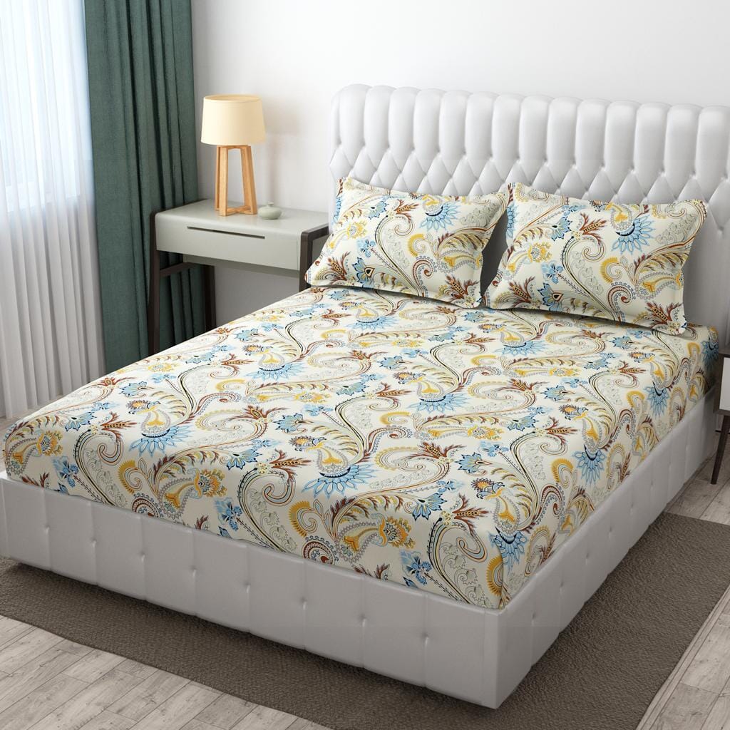 Cotton Elastic Fitted Bedsheet - Fits with any Beds & Mattresses Great Happy IN Royal Paisley DOUBLE BED 