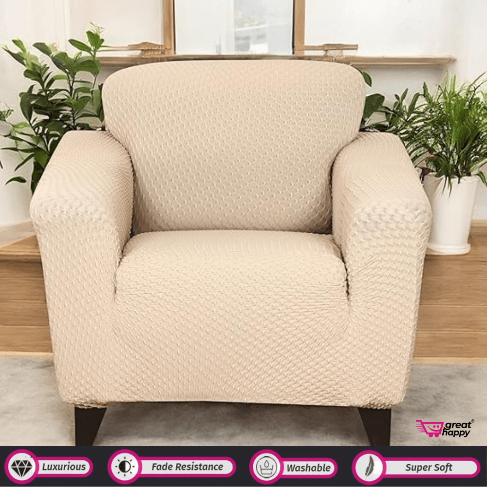 Honeycomb Pattern Jacquard Sofa Cover Great Happy IN Beige 1 Seater 