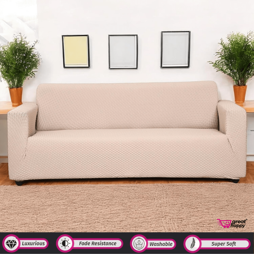 Honeycomb Pattern Jacquard Sofa Cover Great Happy IN Beige 2 Seater 