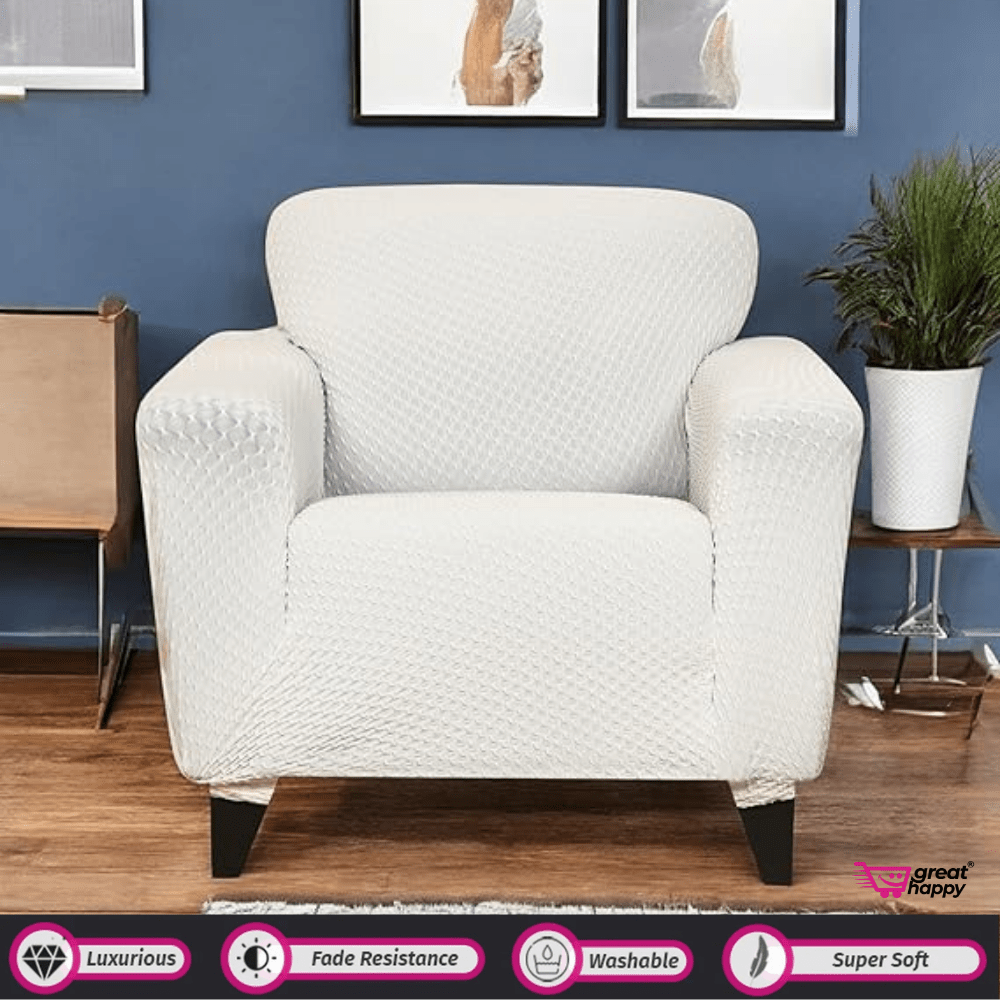 Honeycomb Pattern Jacquard Sofa Cover Great Happy IN Cream 1 Seater 