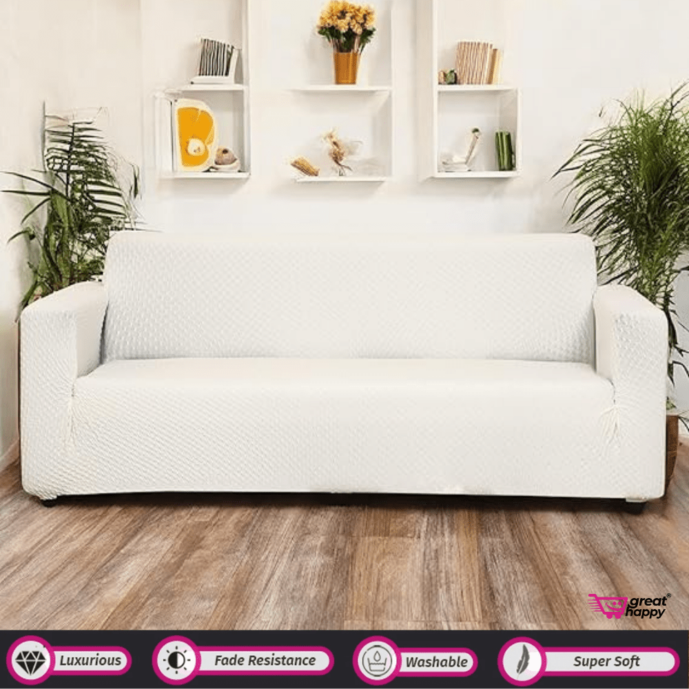 Honeycomb Pattern Jacquard Sofa Cover Great Happy IN Cream 2 Seater 