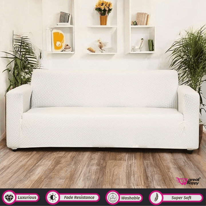 Honeycomb Pattern Jacquard Sofa Cover Great Happy IN Cream 2 Seater 