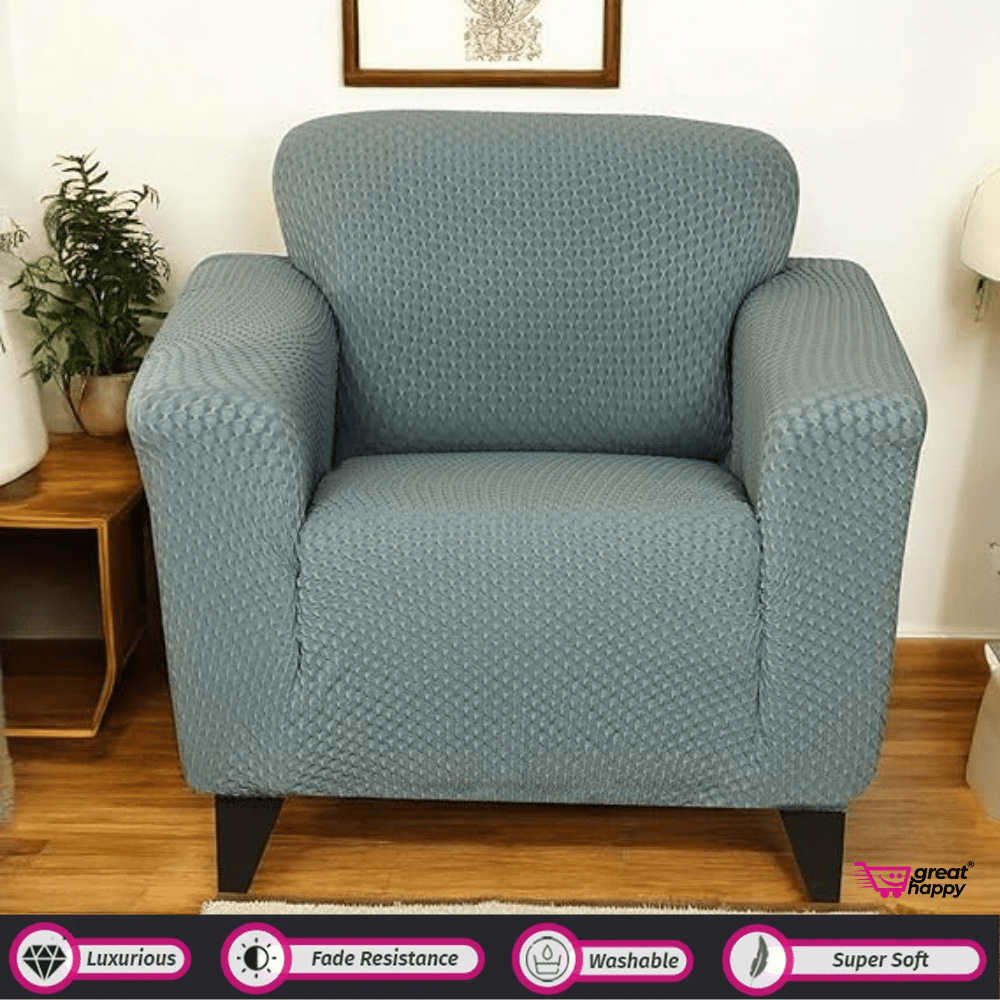 Honeycomb Pattern Jacquard Sofa Cover Great Happy IN Green 1 Seater 
