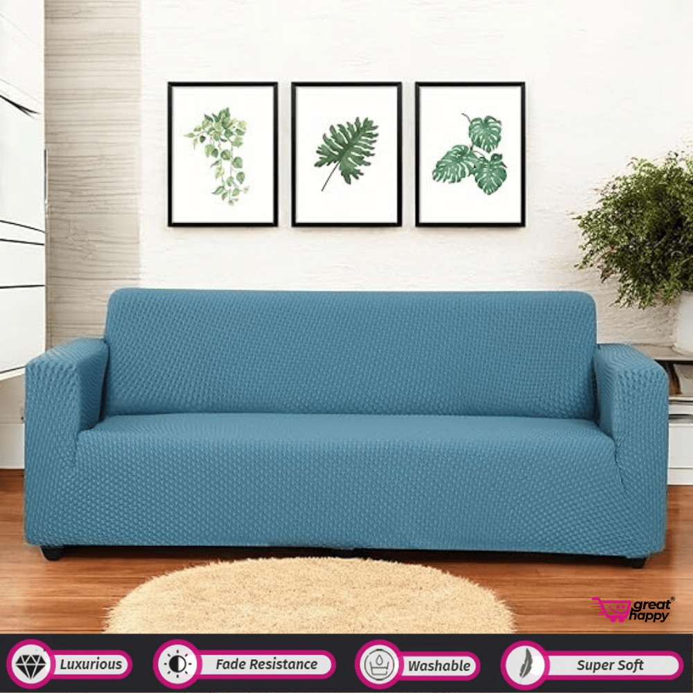 Honeycomb Pattern Jacquard Sofa Cover Great Happy IN Light Blue 1 Seater 