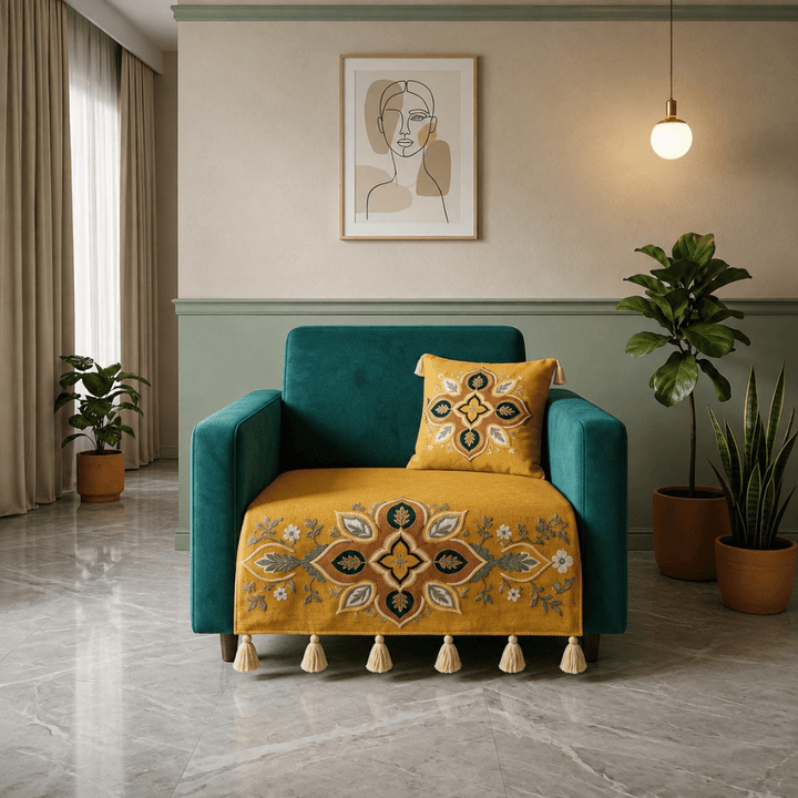 Jute Cotton Sofa Cover jute sofa cover Great Happy IN Saffron Teal 1 Seater 