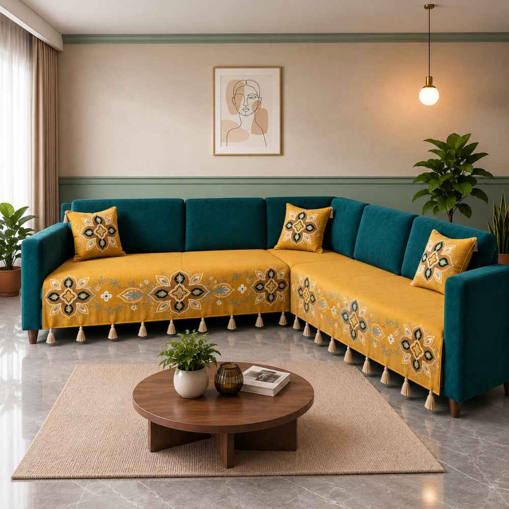 Jute Look Cotton Sofa Cover jute sofa cover Great Happy IN Saffron Teal 3+2(L SHAPE) 