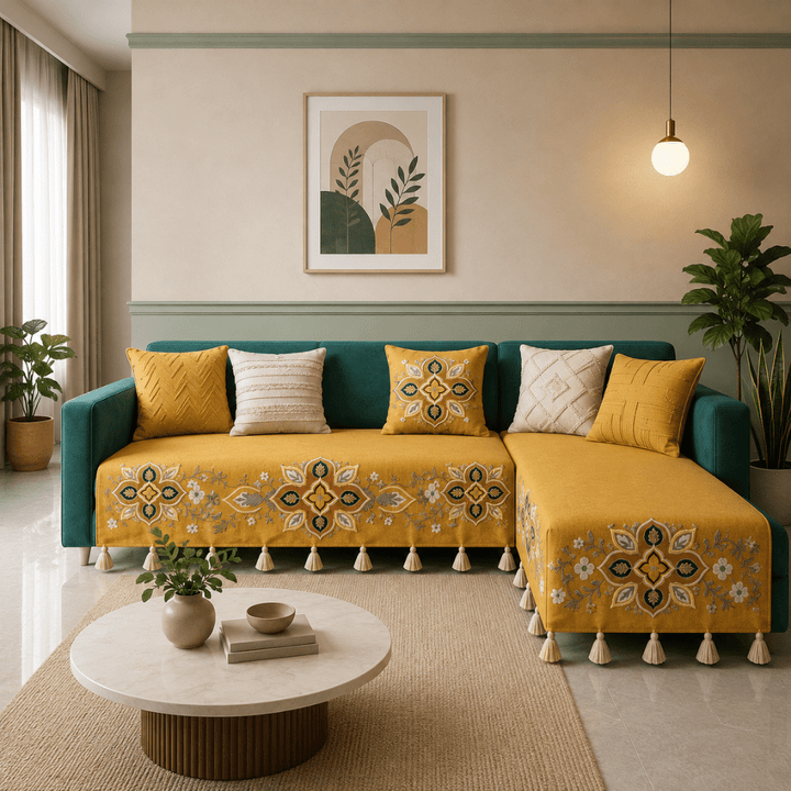 Jute Cotton Sofa Cover jute sofa cover Great Happy IN Saffron Teal 2+2(L SHAPE) 