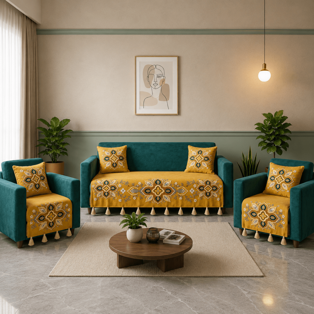Jute Cotton Sofa Cover jute sofa cover Great Happy IN Saffron Teal 3+1+1 Seater 