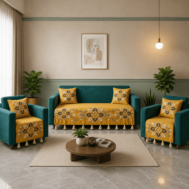 Jute Cotton Sofa Cover jute sofa cover Great Happy IN Saffron Teal 3+1+1 Seater 