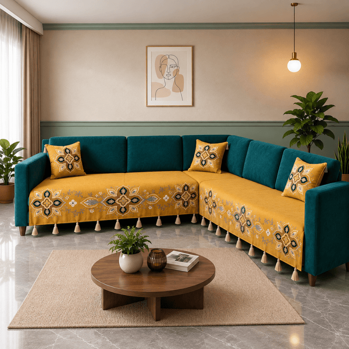 Jute Cotton Sofa Cover jute sofa cover Great Happy IN Saffron Teal 3+2(L SHAPE) 