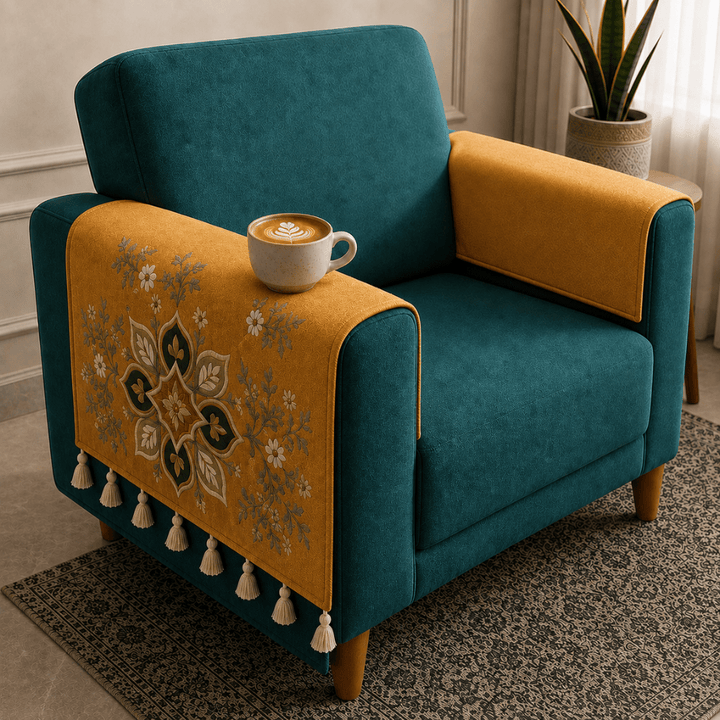 Jute Cotton Sofa Cover jute sofa cover Great Happy IN Saffron Teal Hand Rest Cover - 2 PCS 