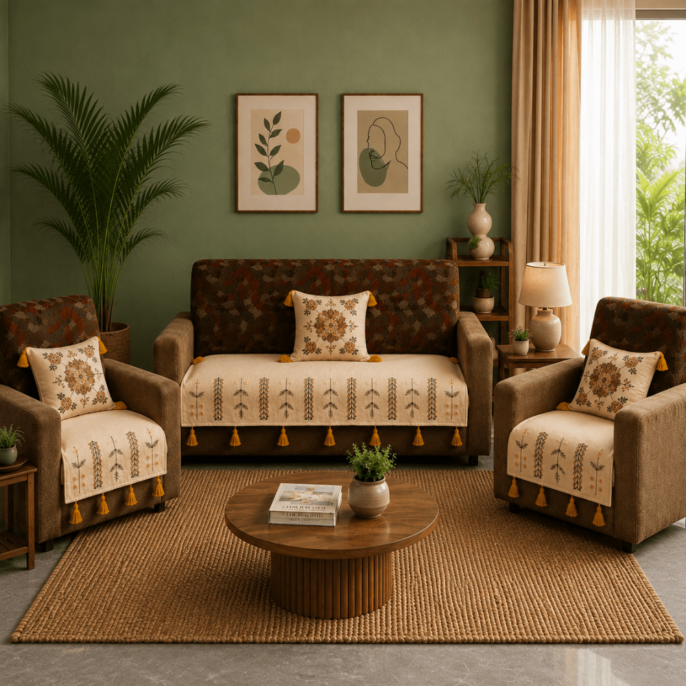 Jute Cotton Sofa Cover jute sofa cover Great Happy IN Sage Ivory 3+1+1 Seater 