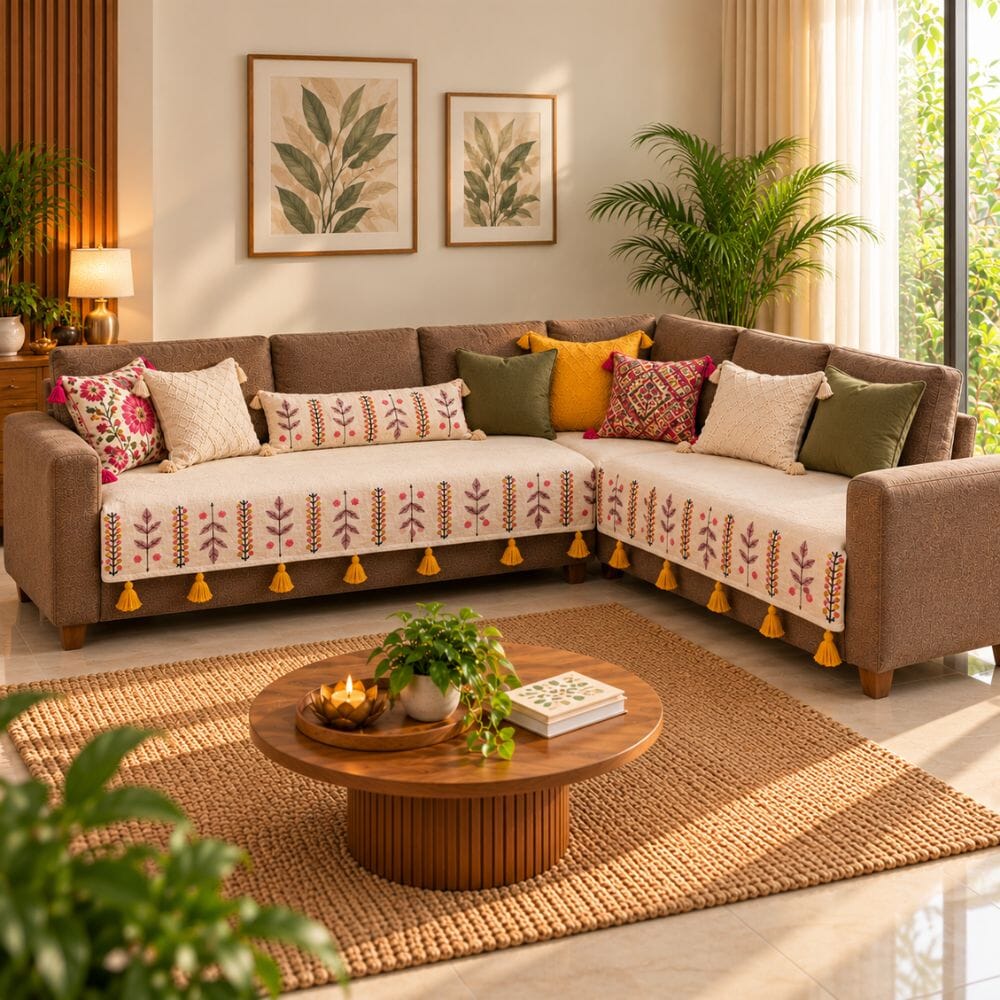 Sage Ivory Jute Look Cotton Sofa Cover jute sofa cover Great Happy IN 3+2(L SHAPE) 