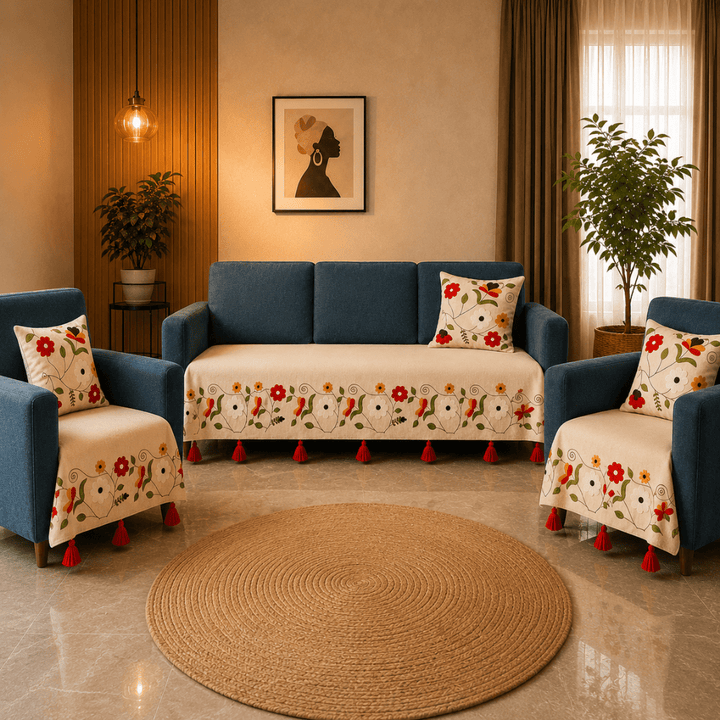 Jute Cotton Sofa Cover jute sofa cover Great Happy IN Scarlet Ivory 3+1+1 Seater 