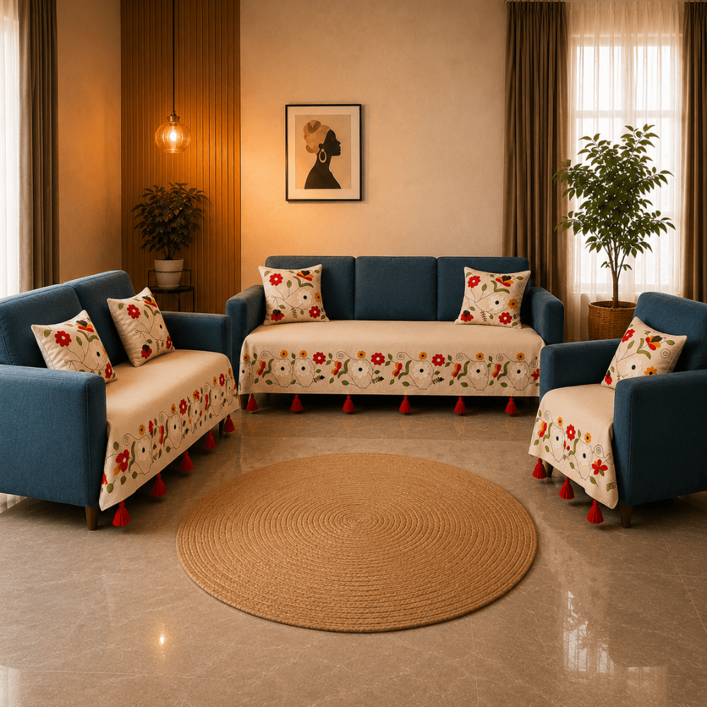 Jute Cotton Sofa Cover jute sofa cover Great Happy IN Scarlet Ivory 3+2+1 Seater 