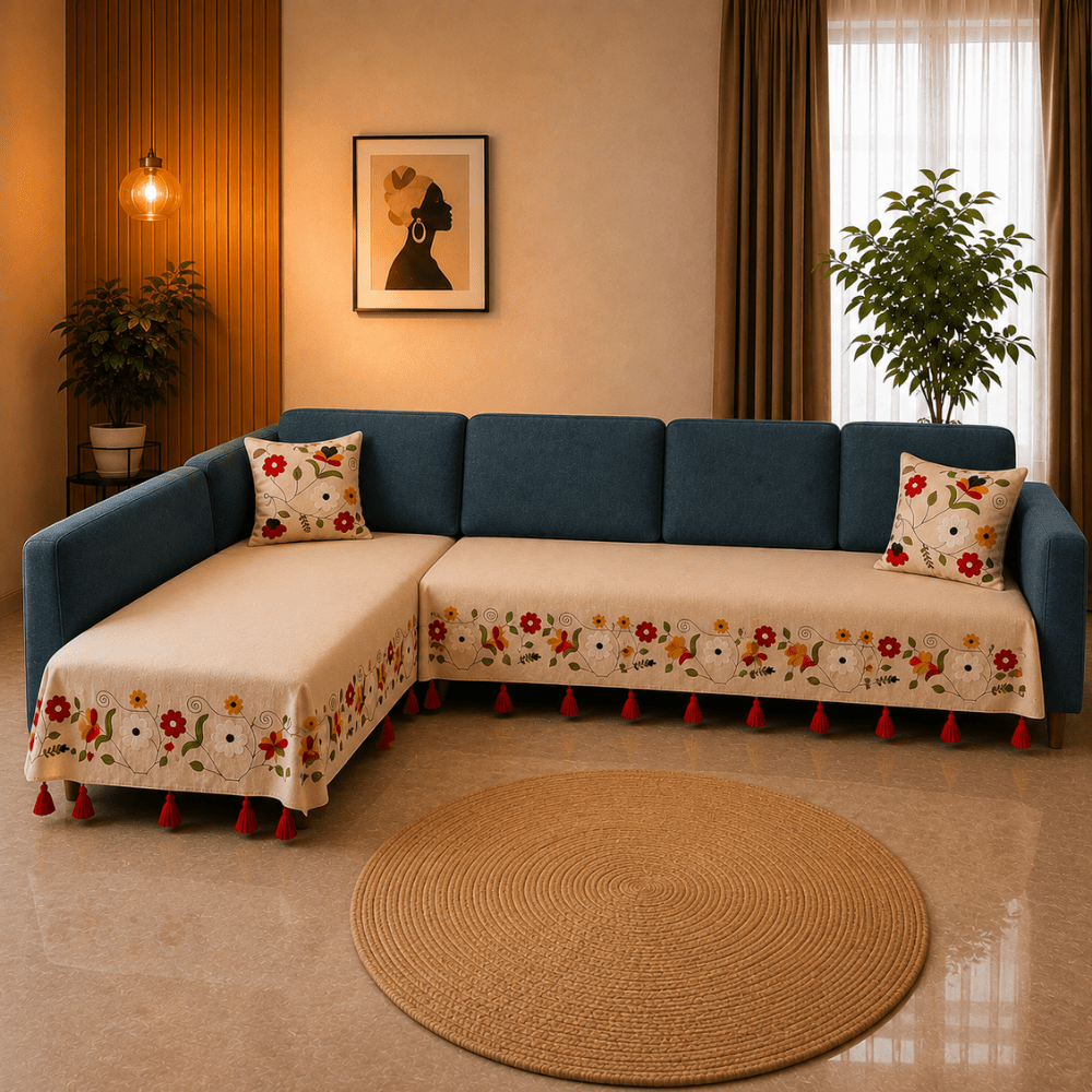 Jute Cotton Sofa Cover jute sofa cover Great Happy IN Scarlet Ivory 3+2(L SHAPE) 