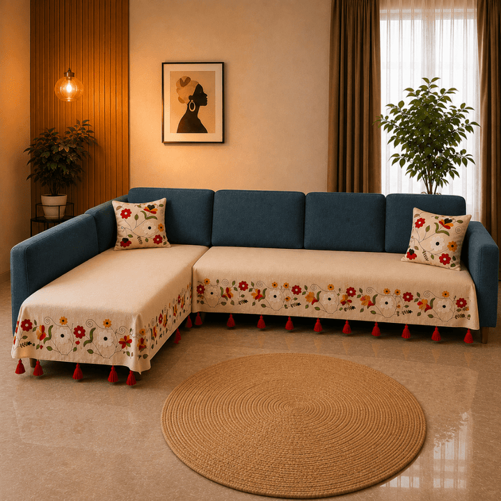 Jute Cotton Sofa Cover jute sofa cover Great Happy IN Scarlet Ivory 3+2(L SHAPE) 
