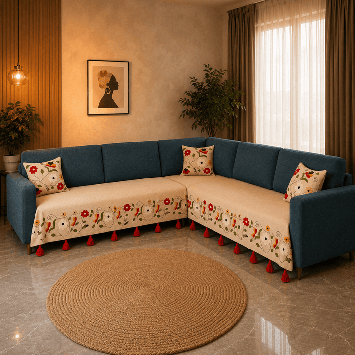 Jute Cotton Sofa Cover jute sofa cover Great Happy IN Scarlet Ivory 3+3(L SHAPE) 