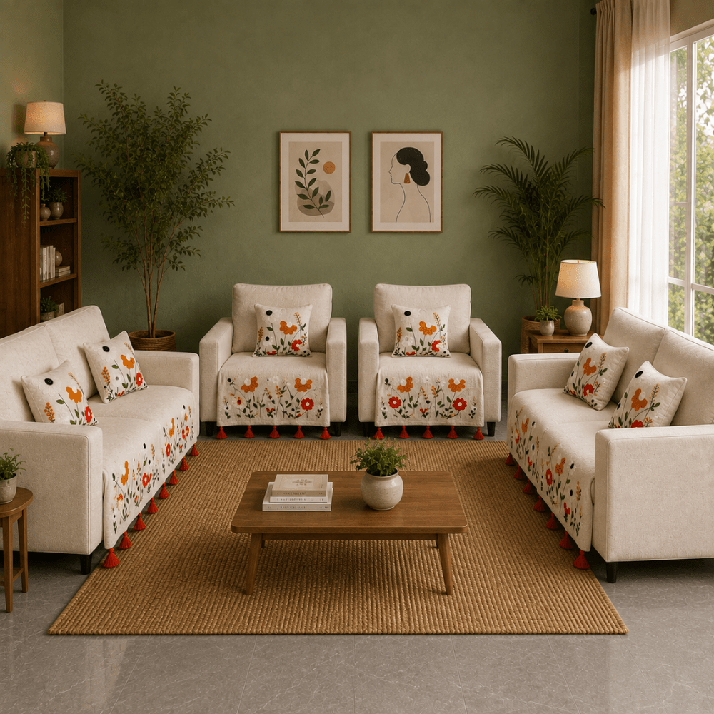 Jute Cotton Sofa Cover jute sofa cover Great Happy IN Scarlet Meadow 2+1+1+2 Seater 
