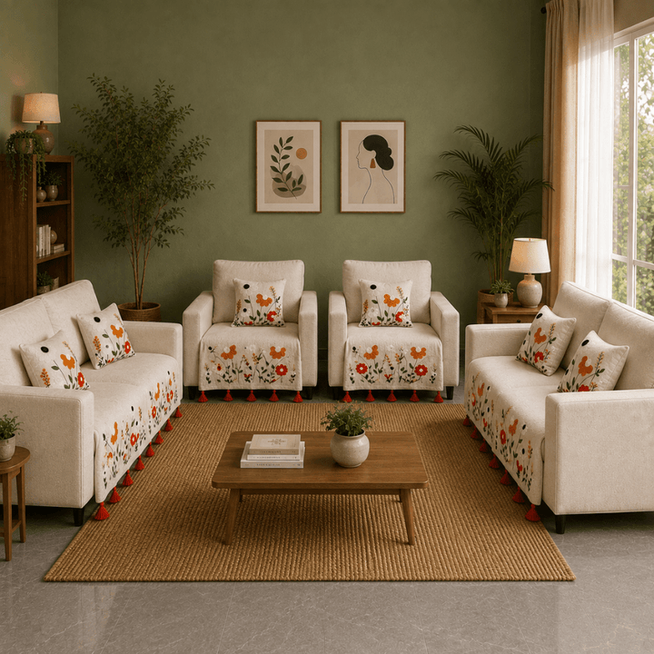 Jute Cotton Sofa Cover jute sofa cover Great Happy IN Scarlet Meadow 2+1+1+2 Seater 