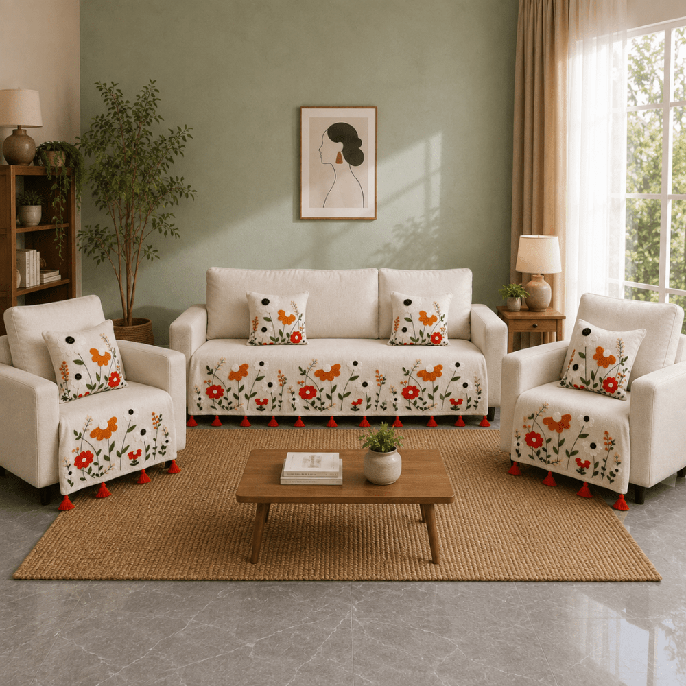 Jute Cotton Sofa Cover jute sofa cover Great Happy IN Scarlet Meadow 3+1+1 Seater 