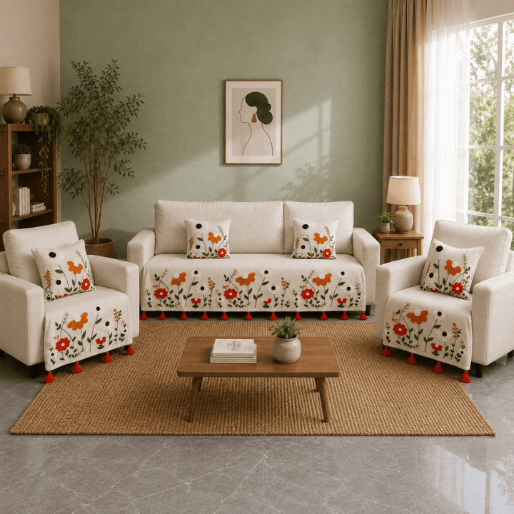 Jute Cotton Sofa Cover jute sofa cover Great Happy IN Scarlet Meadow 3+1+1 Seater 