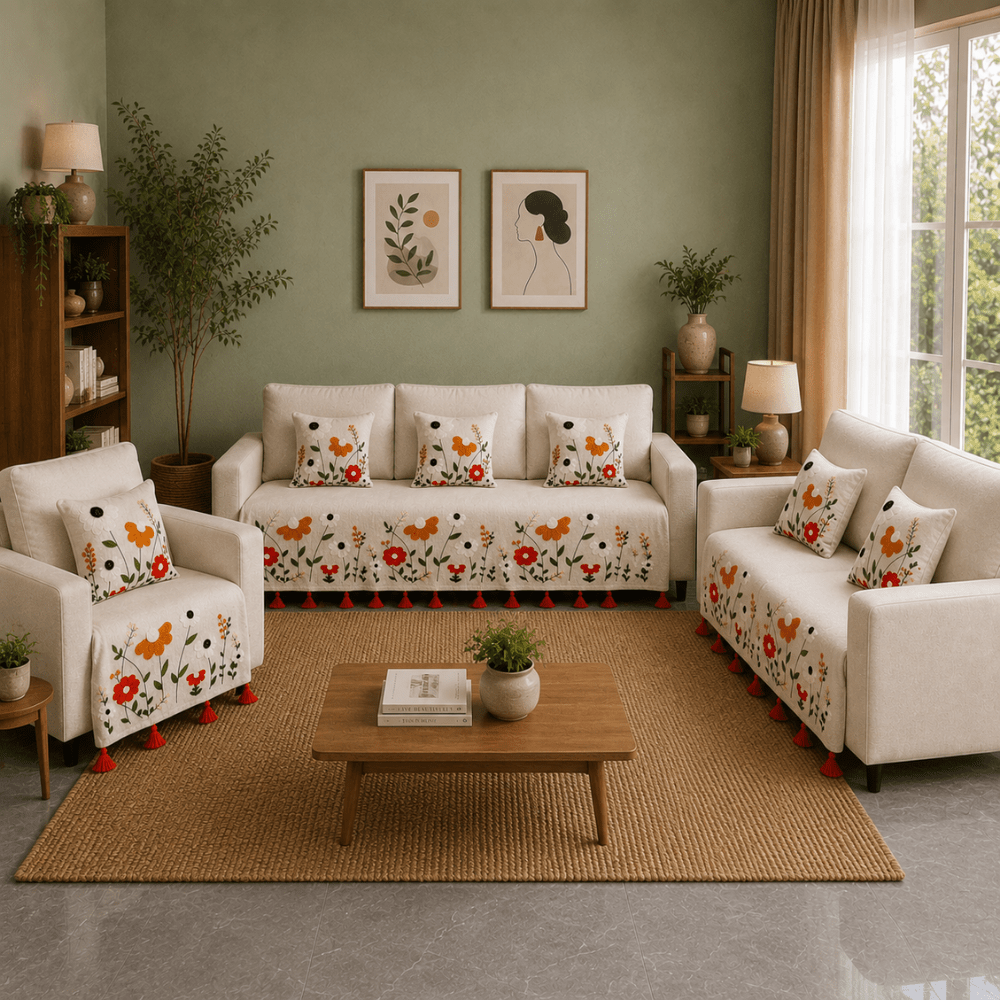 Jute Cotton Sofa Cover jute sofa cover Great Happy IN Scarlet Meadow 3+2+1 Seater 