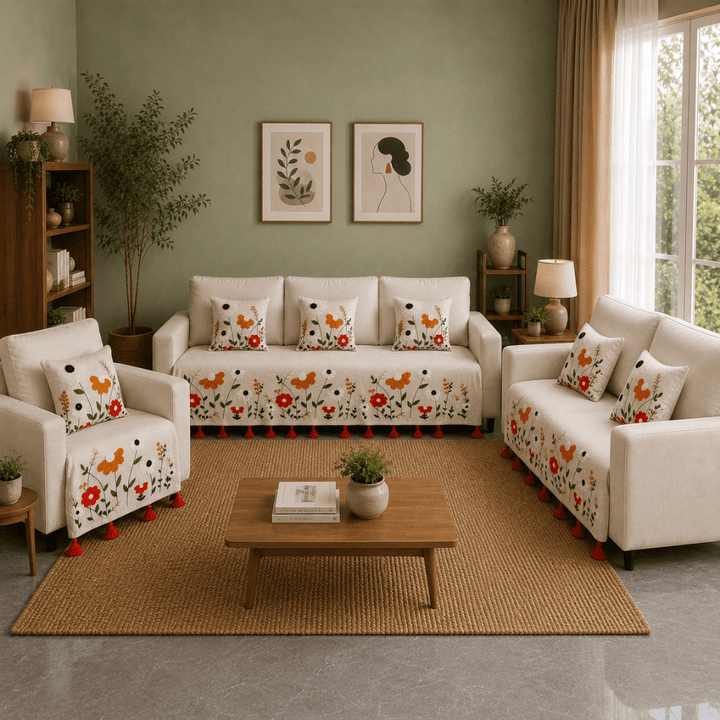 Jute Cotton Sofa Cover jute sofa cover Great Happy IN Scarlet Meadow 3+2+1 Seater 