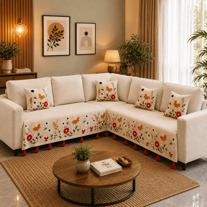 Jute Cotton Sofa Cover jute sofa cover Great Happy IN Scarlet Meadow 3+2(L SHAPE) 
