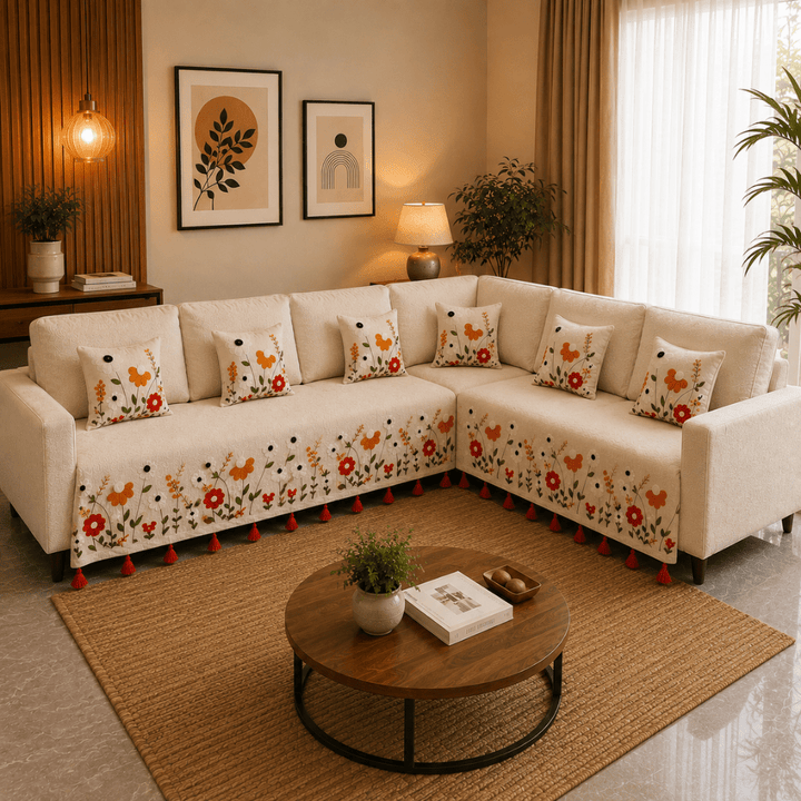 Jute Cotton Sofa Cover jute sofa cover Great Happy IN Scarlet Meadow 3+3(L SHAPE) 