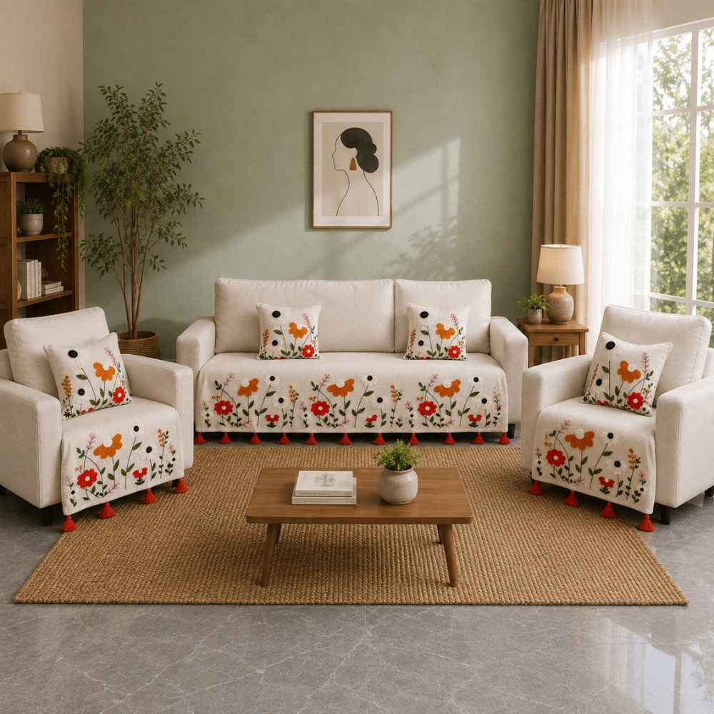 Scarlet Meadow Jute Look Cotton Sofa Cover jute sofa cover Great Happy IN Scarlet Meadow 3+1+1 Seater 