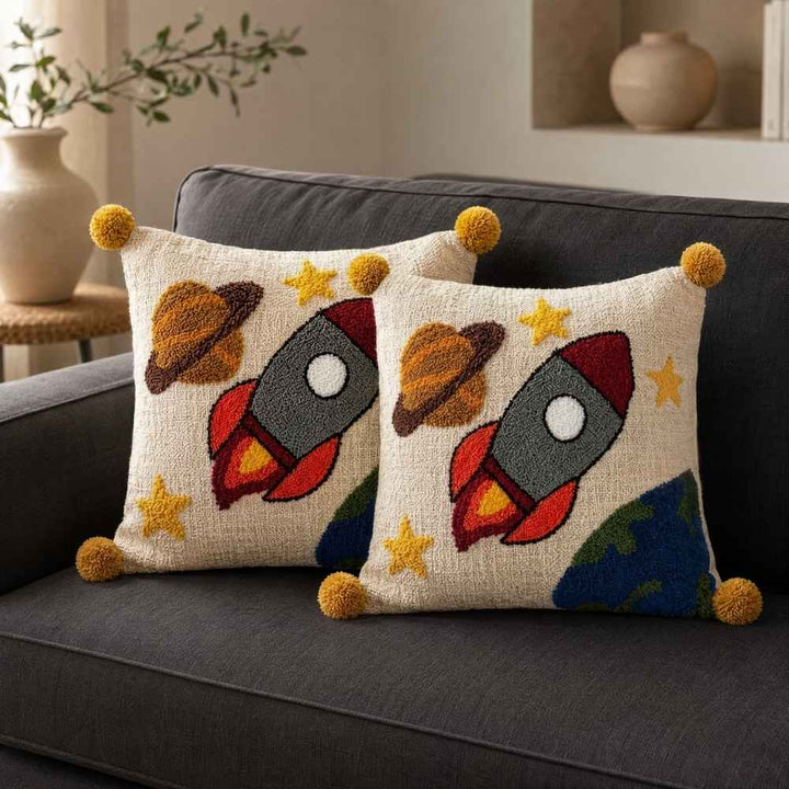 Space Rocket Artisan Embroidered Cushion Covers 16 × 16