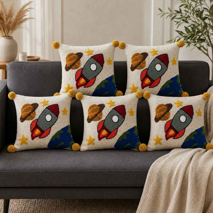 Space Rocket Artisan Embroidered Cushion Covers 16 × 16